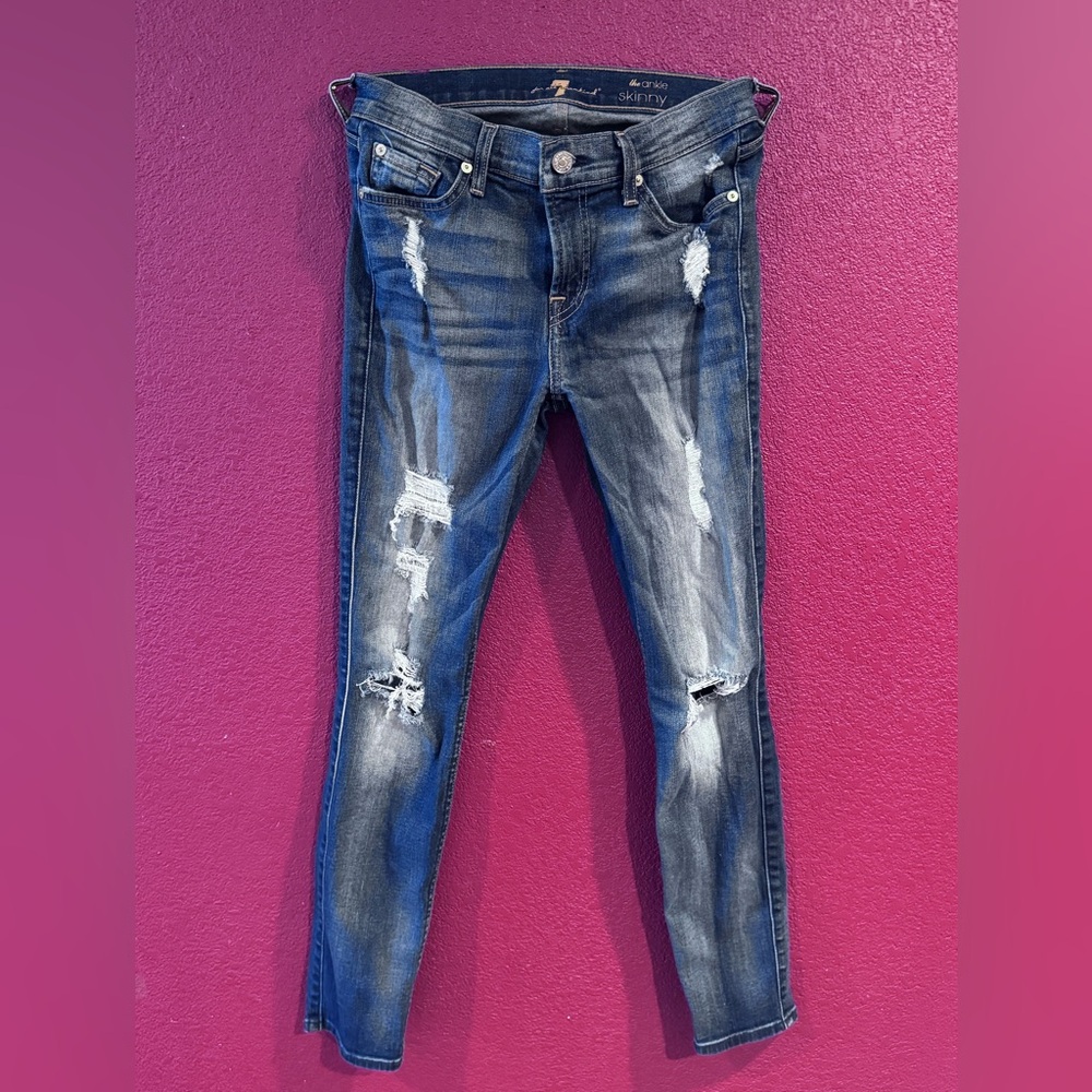 7 For All Mankind Blue Skinny Jeans Distressed